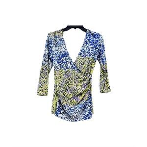 Boden Blue Green Cheetah Print Runched Faux Wrap Top Women's Size 6